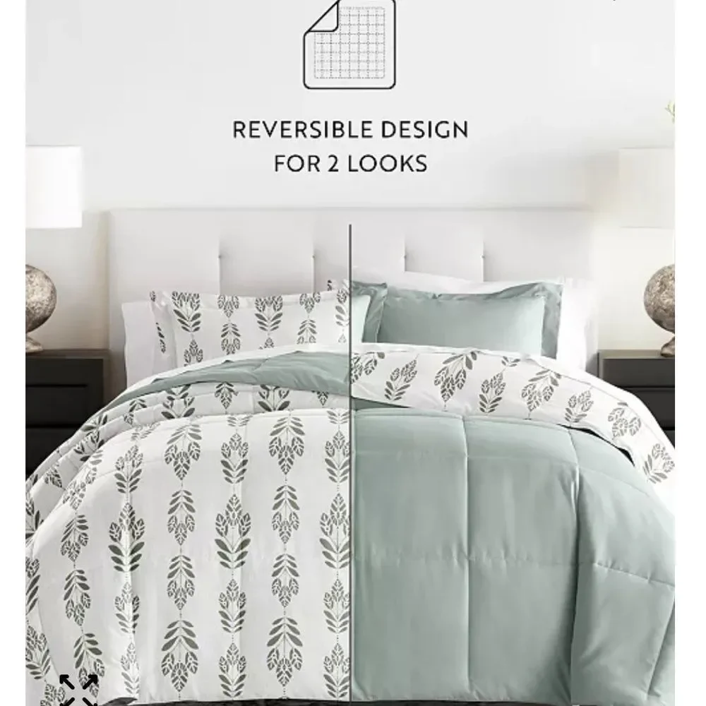 Folk Leaves 3-Piece Comforter Set, Full/Queen in Eucalyptus/White. NWT!